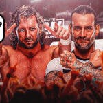 Kenny Omega wit a text bubble reading "My relationship with CM PUNK?" next to CM Punk with the AEW All Out logo as the background.