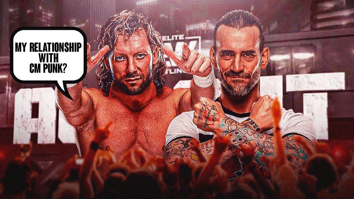 Kenny Omega wit a text bubble reading "My relationship with CM PUNK?" next to CM Punk with the AEW All Out logo as the background.