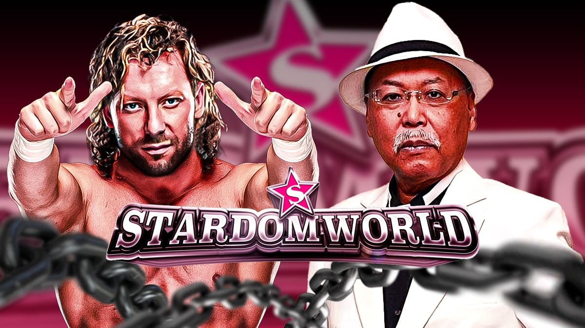 Kenny Omega next to Rossy Ogawa with the World of Stardom logo as the background.