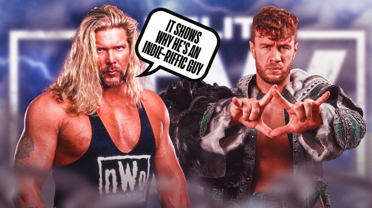 Kevin Nash with a text bubble reading "It shows why he’s an indie-riffic guy" next to Will Ospreay with the AEW logo as the background.