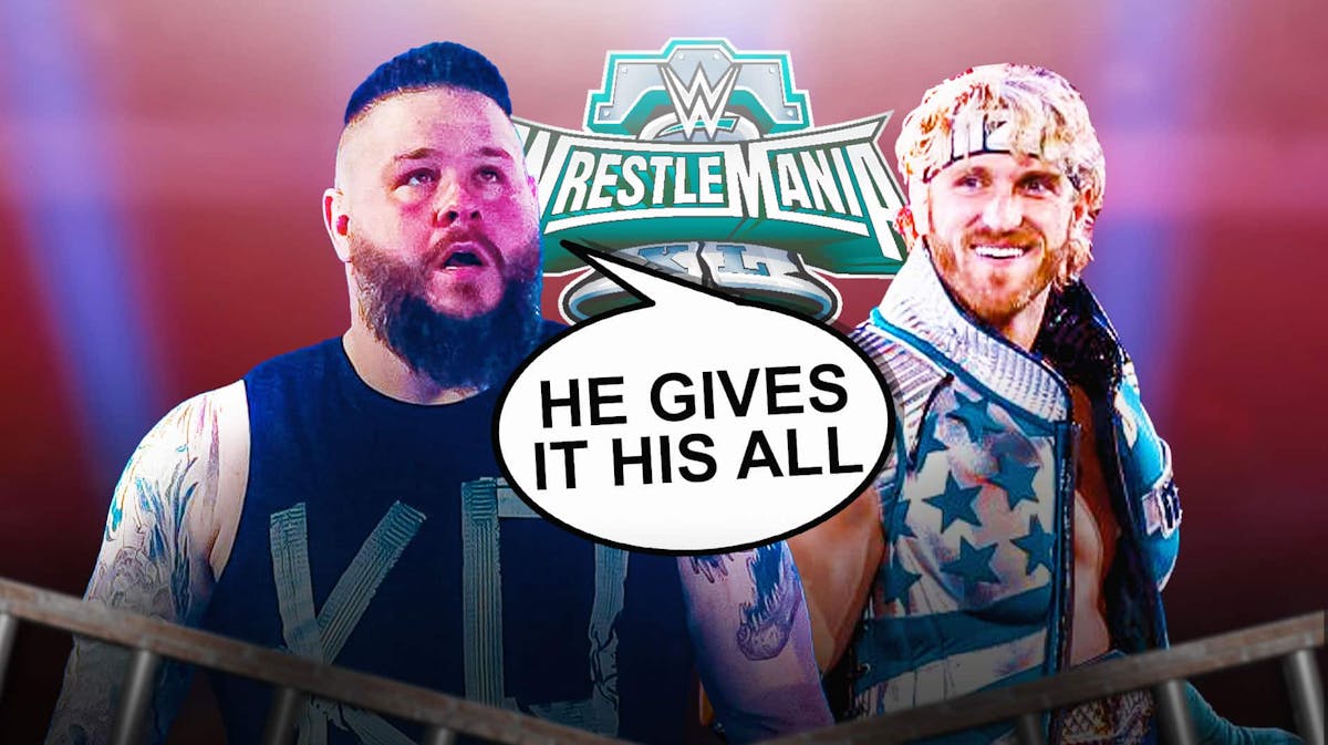 Kevin Owens with a text bubble reading "He gives it his all" next to Logan Paul with the WrestleMania 40 logo as the background.