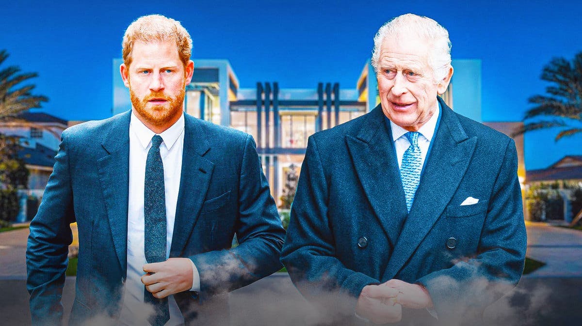 King Charles and Prince Harry with a mansion behind them