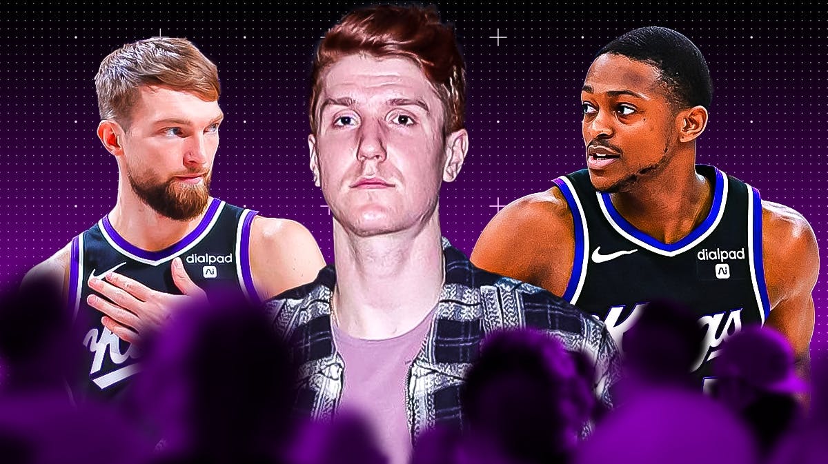 Kings' Kevin Huerter (casual clothes) looking disappointed, with De'Aaron Fox and Domantas Sabonis looking at him with serious faces