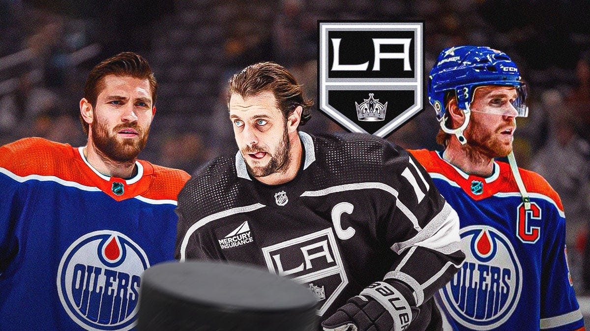 Anze Kopitar in middle of image with fire around him looking happy, Connor McDavid and Leon Draisaitl on either side looking stern, LA Kings logo, hockey rink in background