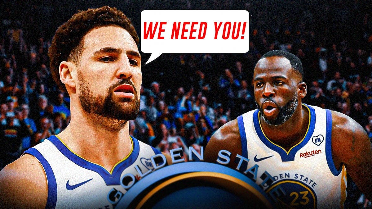 Klay Thompson on one side with a speech bubble that says "We need you!" Draymond Green on the other side