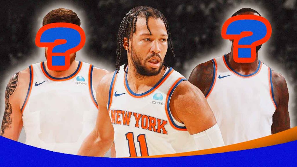 Jalen Brunson and two other players with blank Knicks’ jerseys and question marks covering their heads.