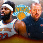Knicks' Mitchell Robinson stands next to coach during NBA Playoffs game against 76ers