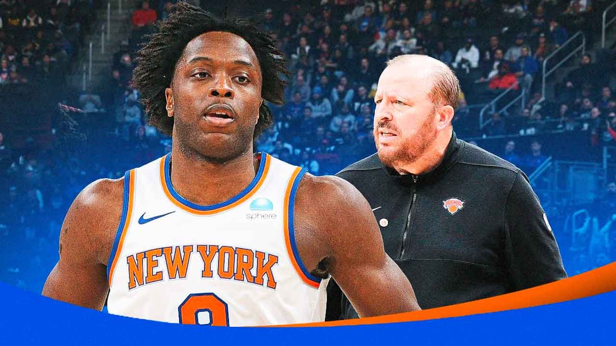 Knicks wing OG Anunoby, head coach Tom Thibodeau, Madison Square Garden behind them