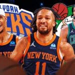 Jalen Brunson and Josh Hart smiling with Jayson Tatum appearing upset. Boston Celtics and New York Knicks logos behind them.