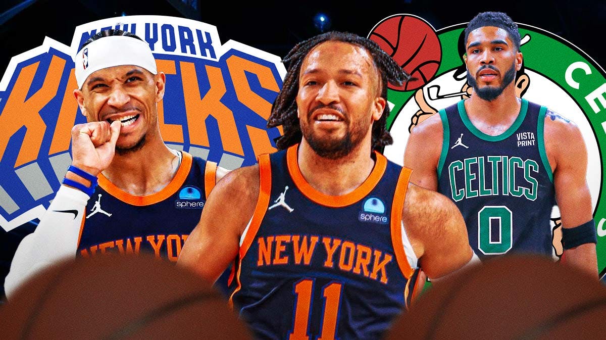 Jalen Brunson and Josh Hart smiling with Jayson Tatum appearing upset. Boston Celtics and New York Knicks logos behind them.