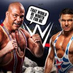 TNA Kurt Angle with a text bubble reading "That would be worth it for me" next to Chad Gable with the WWE logo as the background.