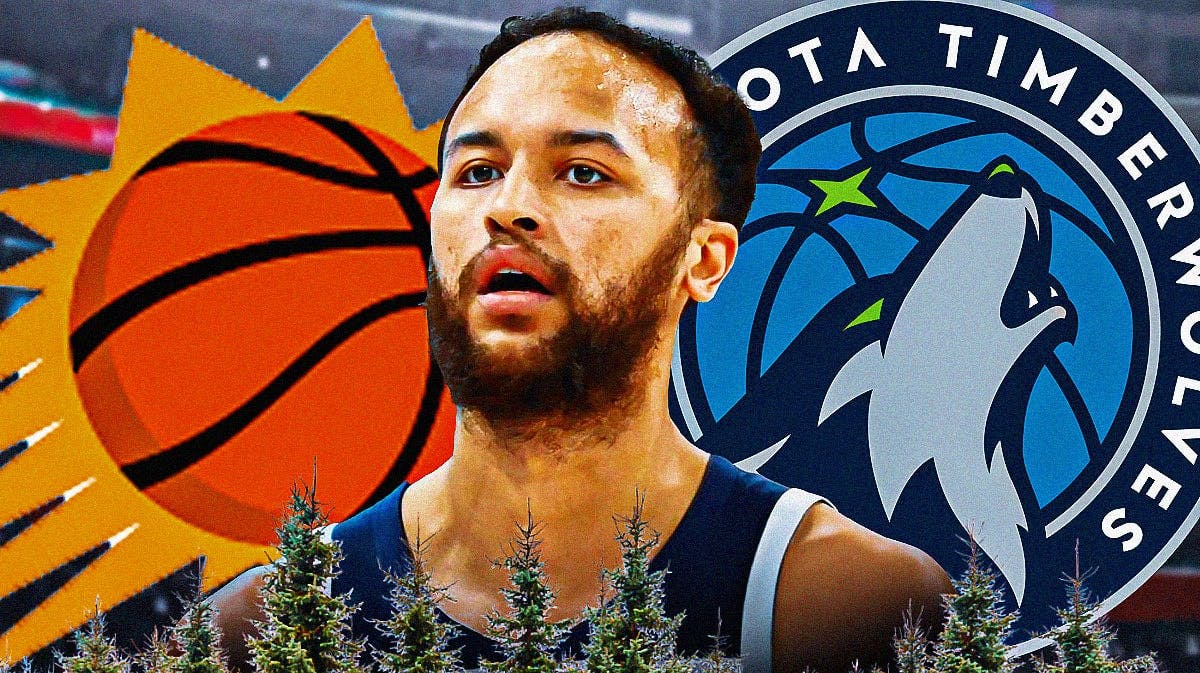 Timberwolves' Kyle Anderson looking serious. Timberwolves' 2024 logo and Suns' 2024 logo in background.