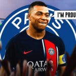 Kylian Mbappe saying: 'I'm proud' in front of the PSG logo