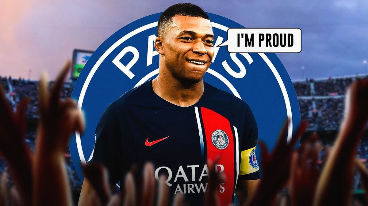 Kylian Mbappe saying: 'I'm proud' in front of the PSG logo