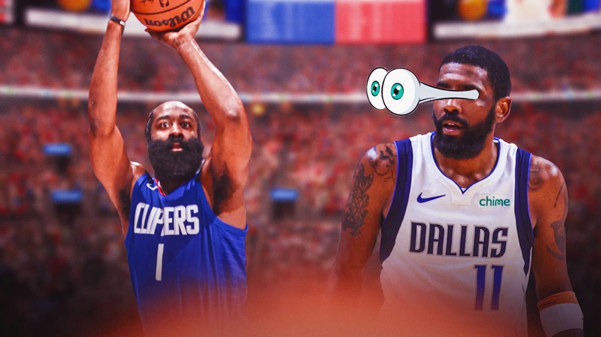 Mavericks' Kyrie Irving eyes popping out looking at Clippers' James Harden shooting a basketball.