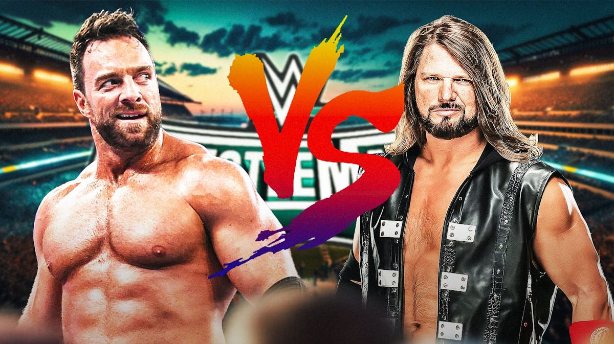 LA Knight looking at AJ Styles with a versus symbol between them and the WrestleMania 40 logo as the background.