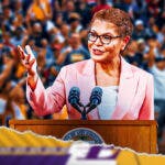Los Angeles mayor Karen Bass speaking to angry Lakers fans.
