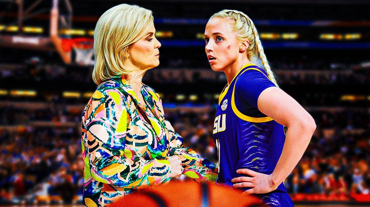 LSU women's basketball coach Kim Mulkey looking at Hailey Van Lith