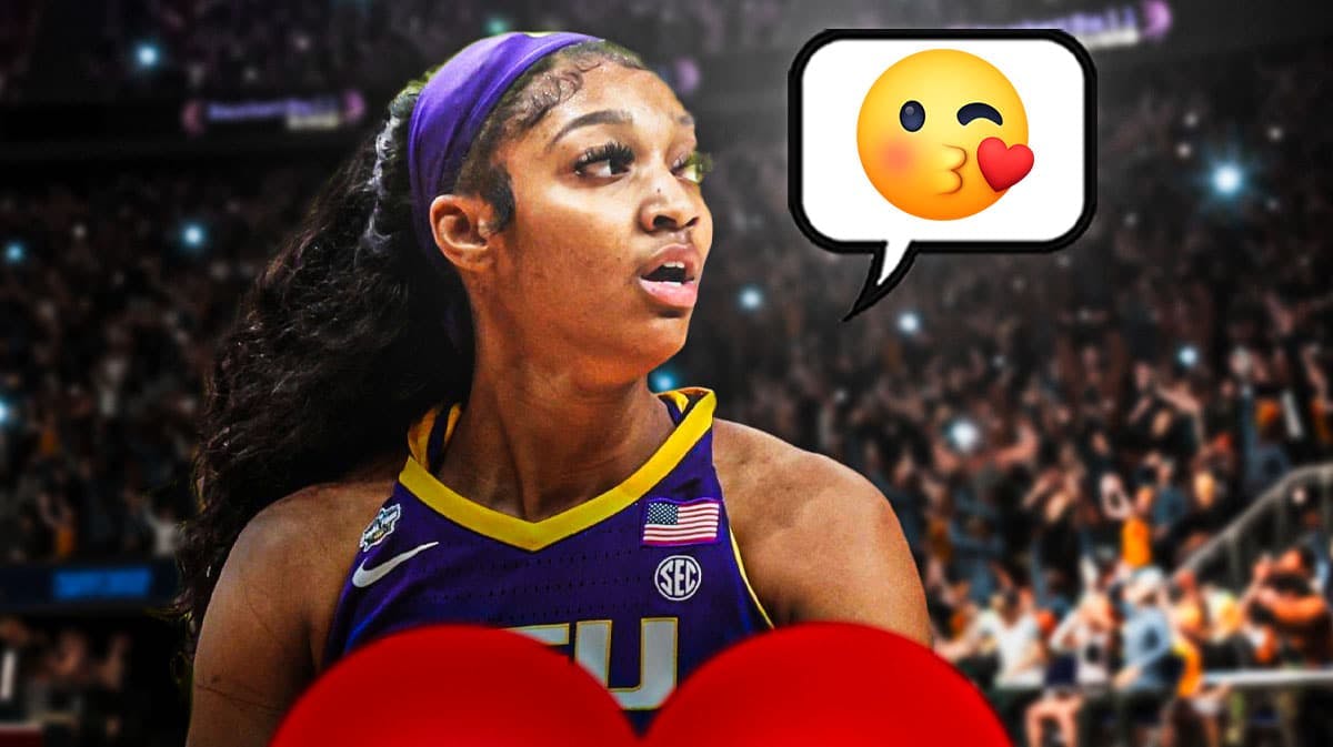 LSU women's basketball player Angel Reese, with a text bubble with the blowing a kiss/heart emoji 😘 in the text bubble