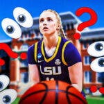 LSU women's basketball player Hailey Van Lith, with question marks surrounding her, and the eyeball emoji, with the Mississippi State University campus in the background