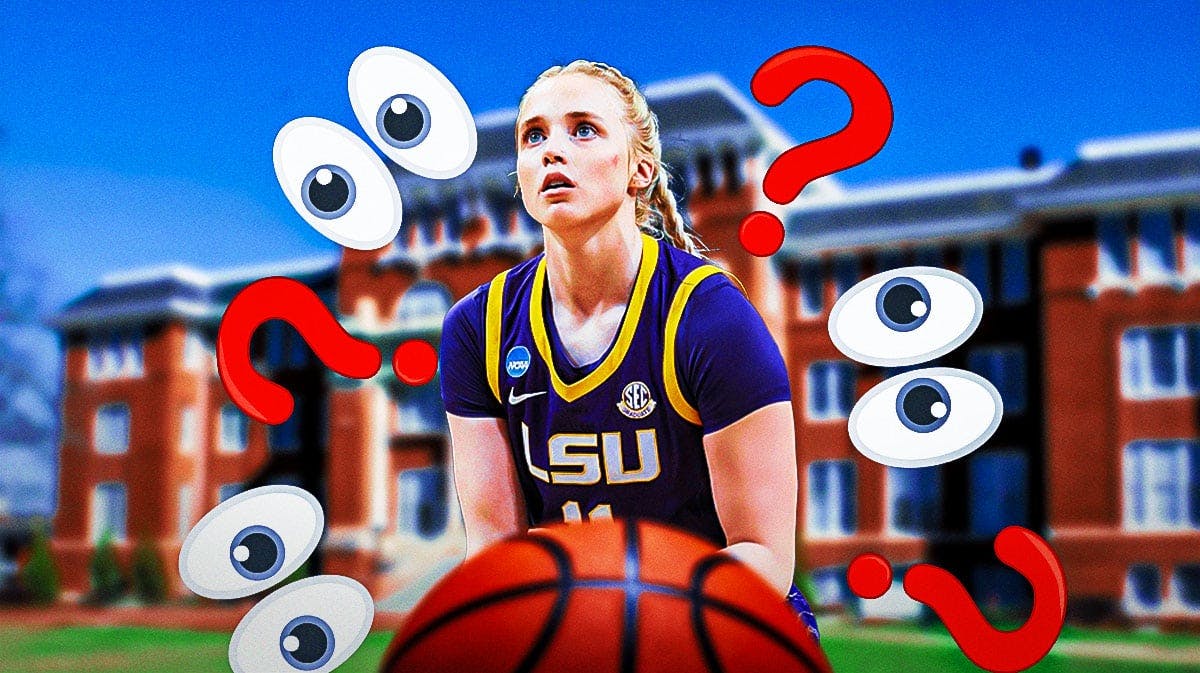 LSU women's basketball player Hailey Van Lith, with question marks surrounding her, and the eyeball emoji, with the Mississippi State University campus in the background