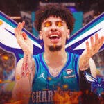 LaMelo Ball in front of a Hornets logo with fire in his eyes and surrounded by fire