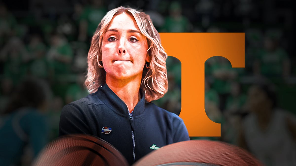Marshall women's basketball coach Kim Caldwell (Kim Stephens), with the University of Tennessee logo and basketballs