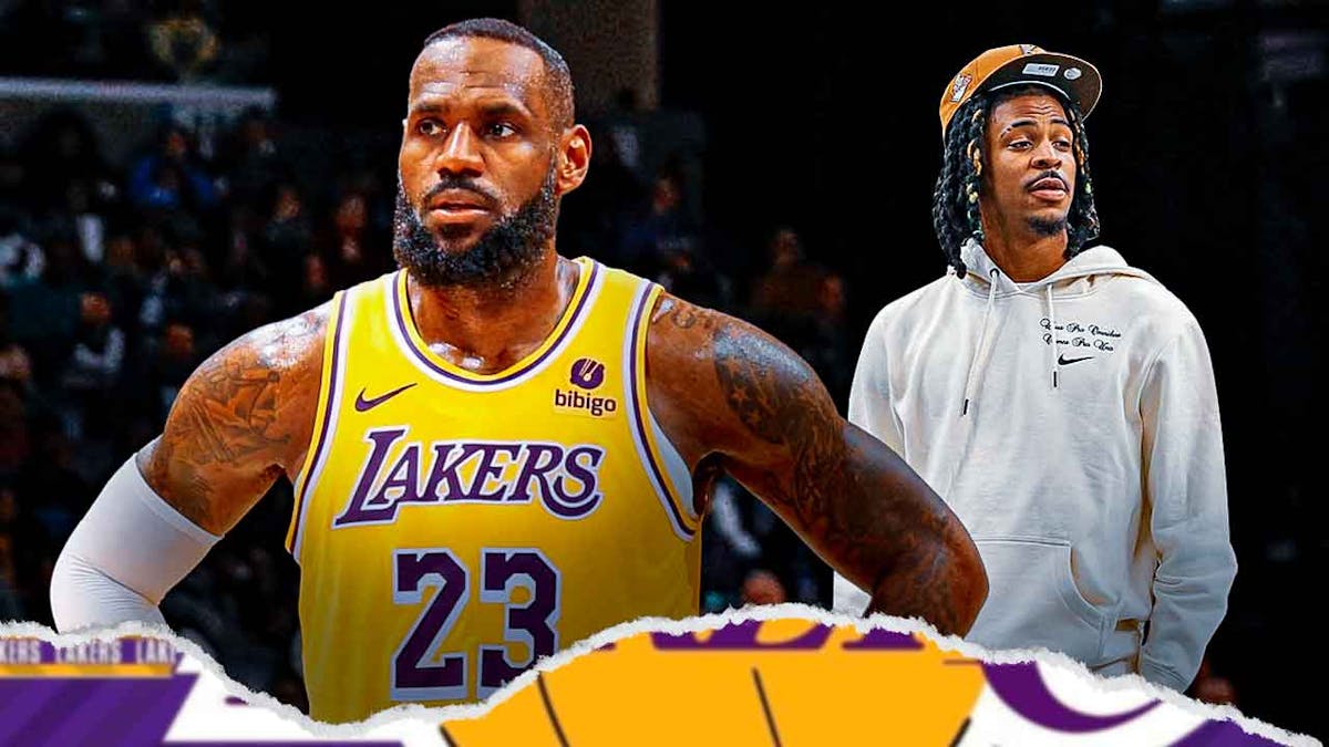 Lakers' LeBron James and Grizzlies' Ja Morant (in casual clothes) looking serious
