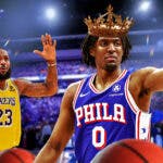 76ers Tyrese Maxey with Lakers LeBron James after win over Knicks