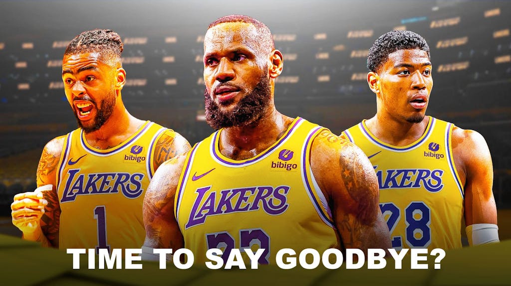 Lakers' LeBron James, D'Angelo Russell, and Rui Hachimura all angry, caption below: TIME TO SAY GOODBYE?