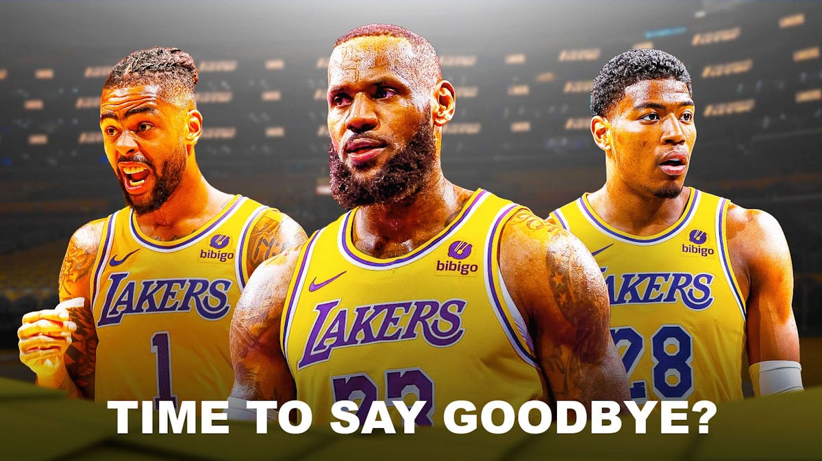 Lakers' LeBron James, D'Angelo Russell, and Rui Hachimura all angry, caption below: TIME TO SAY GOODBYE?