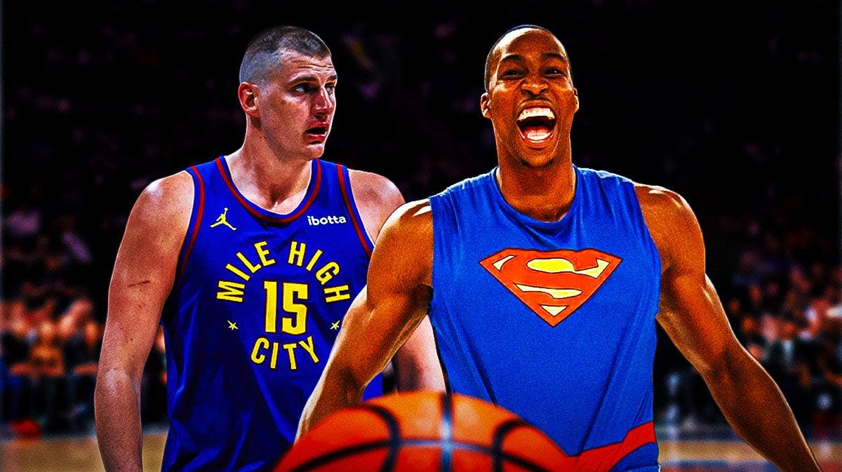 Former Lakers center Dwight Howard in a superman costume next to Nuggets center Nikola Jokic