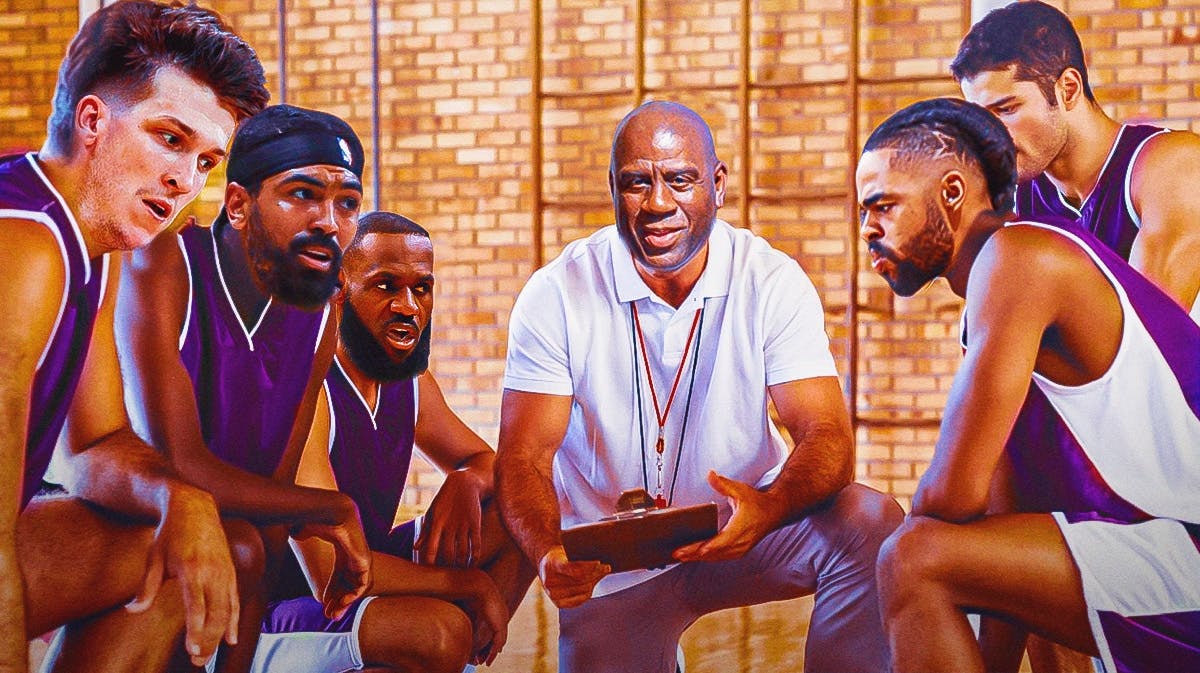 Magic Johnson holding a coaching board with the faces of D'Angelo Russell, Gabe Vincent, Austin Reaves and D'Angelo Russell on it. LeBron James looking serious
