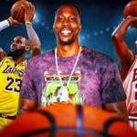 Dwight Howard (2024 image, wearing normal clothes) in middle. Lakers' LeBron James on left shooting a basketball, Bulls' Michael Jordan on right shooting a basketball.