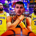 Nuggets' Nikola Jokic doing the "choke" sign on Lakers' LeBron James, Anthony Davis