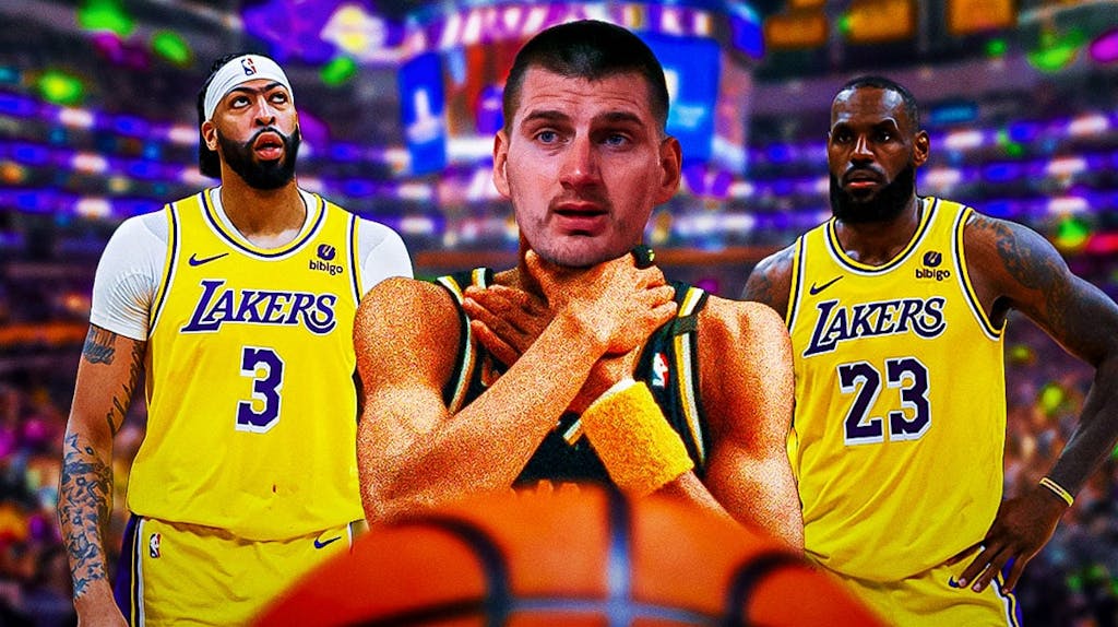 Nuggets' Nikola Jokic doing the "choke" sign on Lakers' LeBron James, Anthony Davis