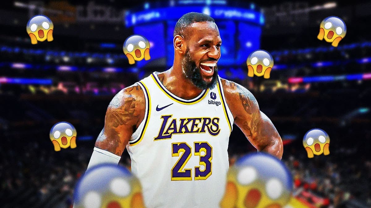 LeBron James (Lakers) laughing with shocked emojis around him