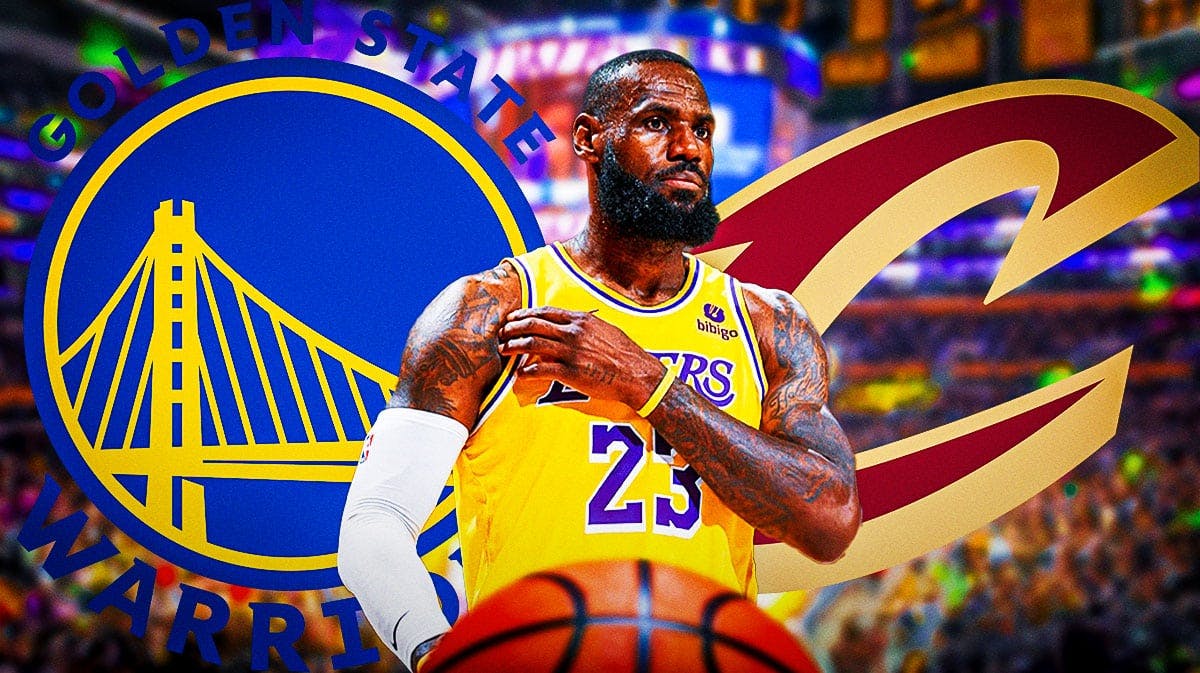 Los Angeles Lakers player LeBron James with Golden State Warriors and Cleveland Cavaliers logos behind him