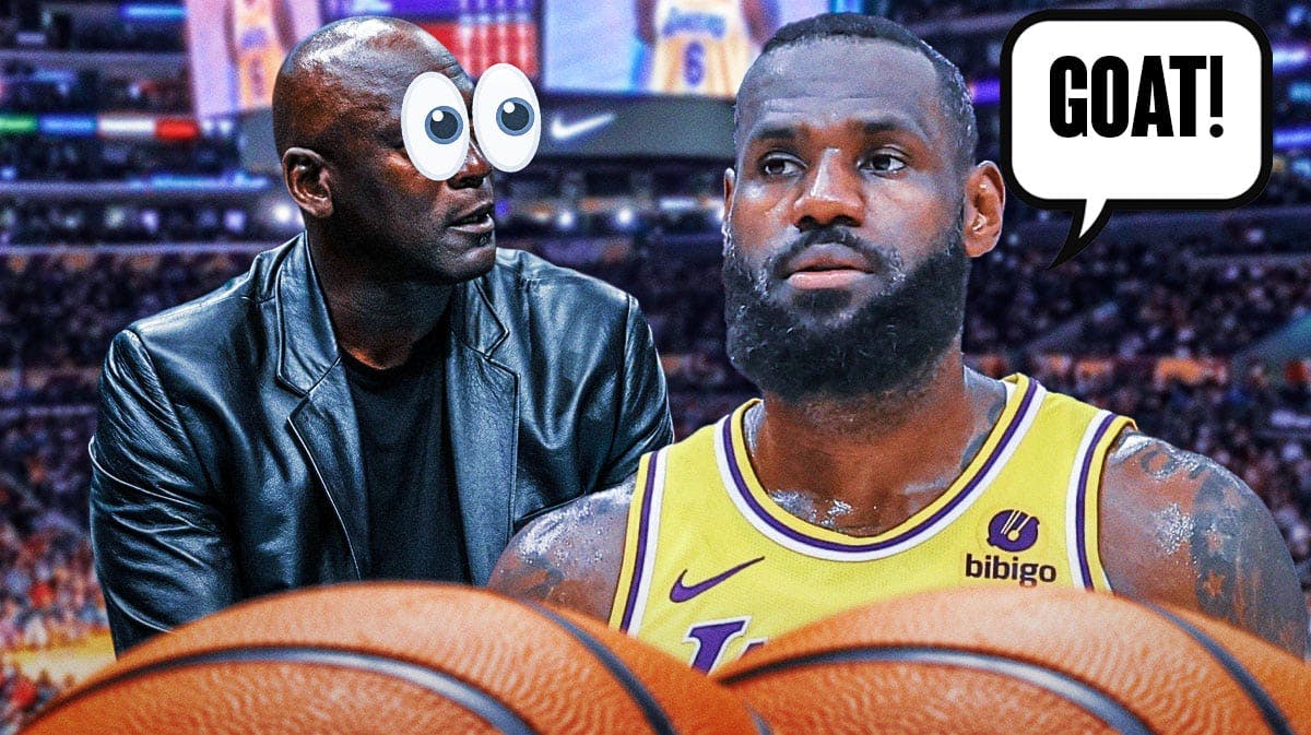 Lakers' LeBron James on left saying the following: GOAT! Michael Jordan with eyes popping out looking at LeBron.