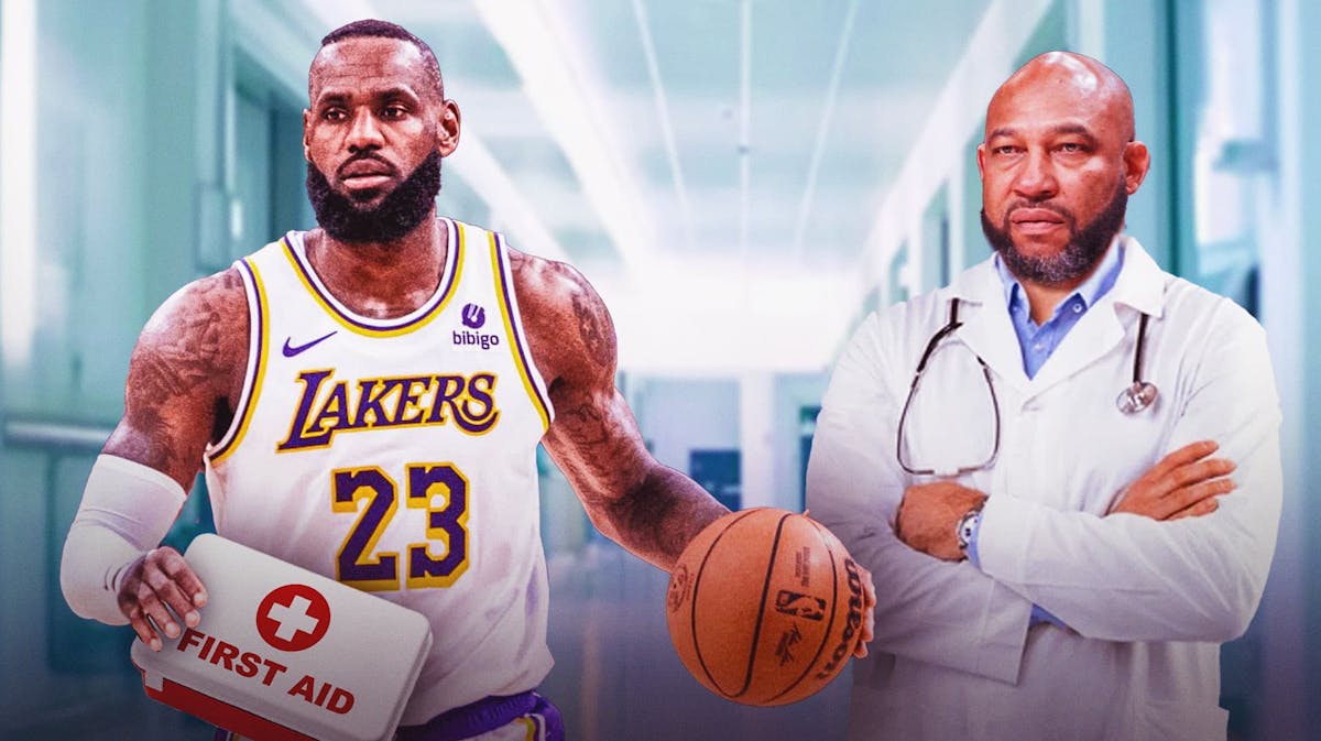 LeBron James holding a first-aid kit. Darvin Ham as a doctor