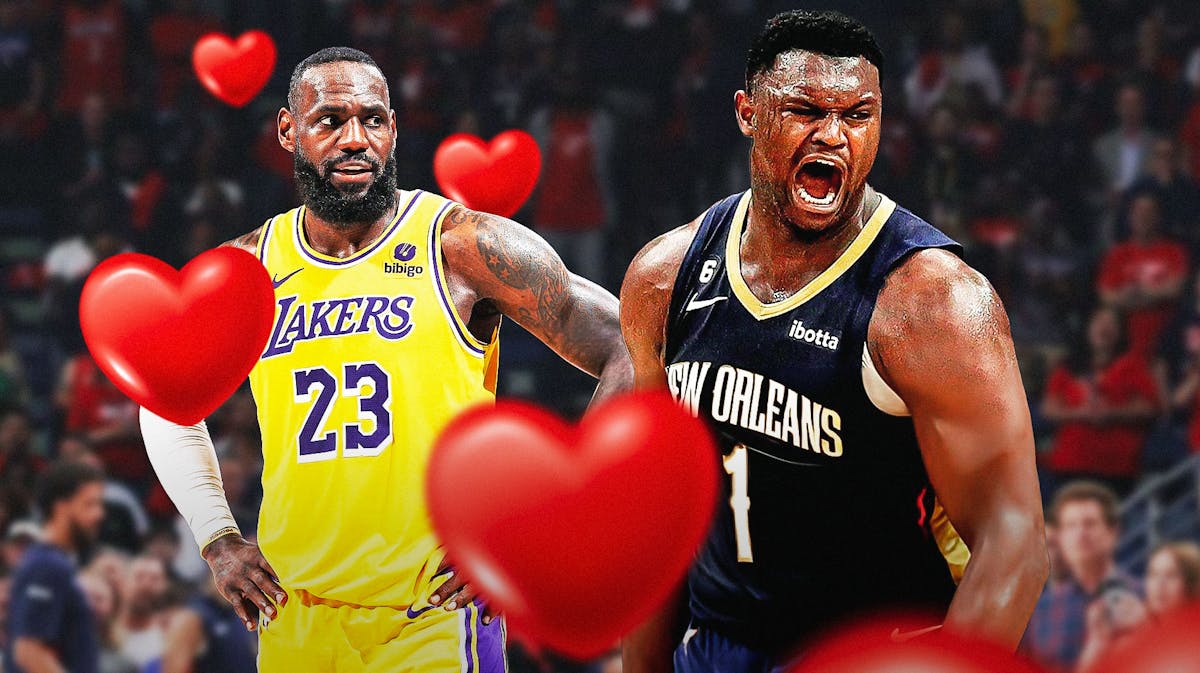 Lakers' LeBron James with hearts all over him (NOT heart eyes), while looking at a hyped up Pelicans' Zion Williamson