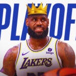 LeBron James wearing a crown on his head. NBA Playoffs logo in the background