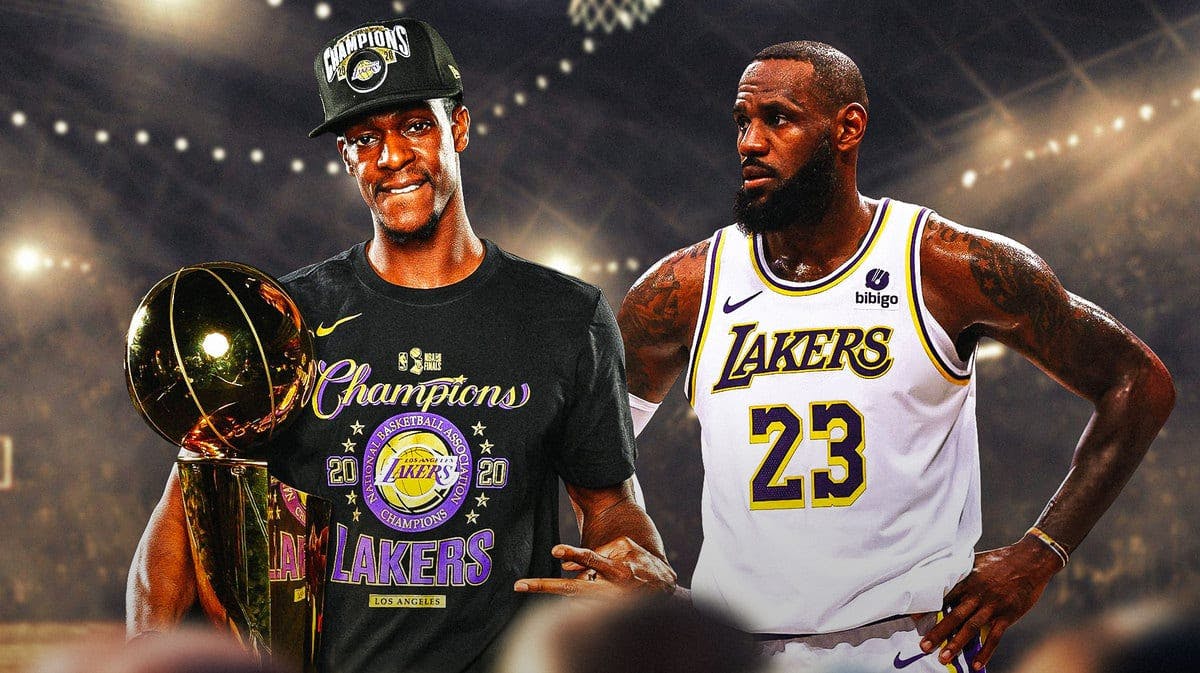 Lakers' LeBron James looking at Rajon Rondo holding the 2020 NBA championship