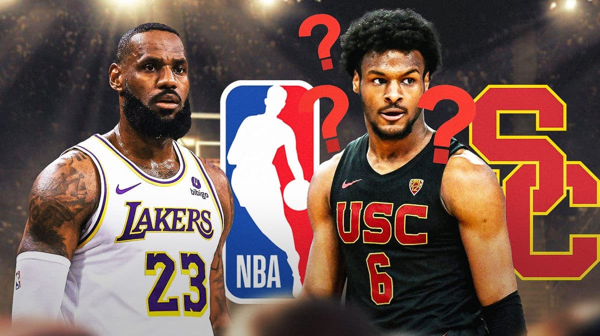 Lakers' LeBron James looking at a serious Bronny James (in a USC uniform), with the USC logo to Bronny’s right and the NBA logo to Bronny’s left, question marks all over Bronny