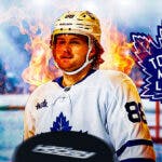 William Nylander in middle of image looking happy with fire around him, hockey rink in background, Toronto Maple Leafs logo