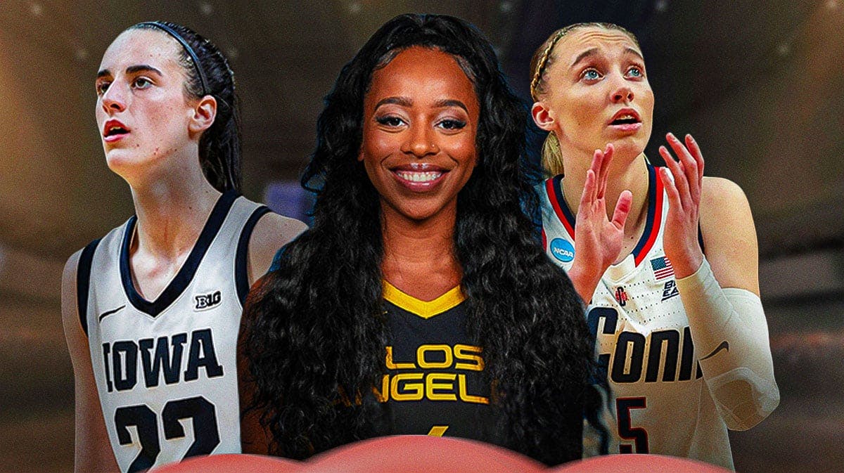 WNBA Los Angeles Sparks player Lexie Brown, with Iowa women's basketball player Caitlin Clark and UConn women's basketball player Paige Bueckers