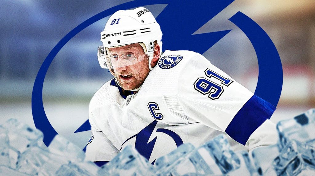 Steven Stamkos in image looking stern, Tampa Bay Lightning logo, hockey rink in background
