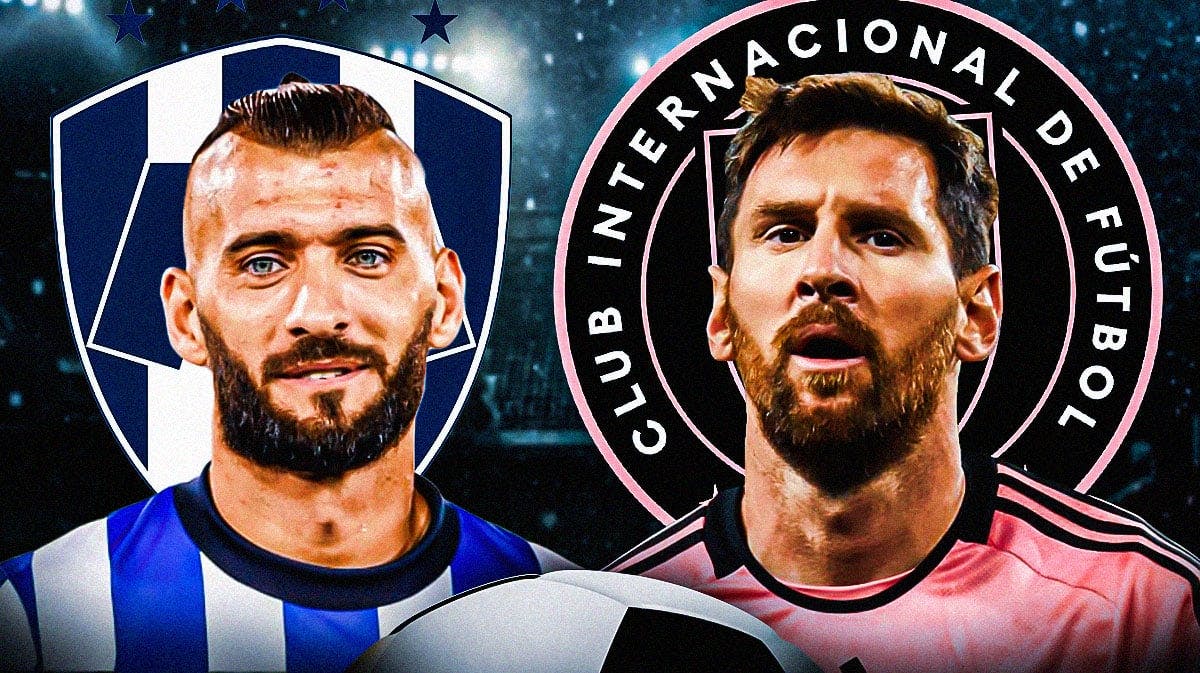 Nico Sanchez and Lionel Messi looking towards each other angry, the Inter Miami and Monterrey logos behind them