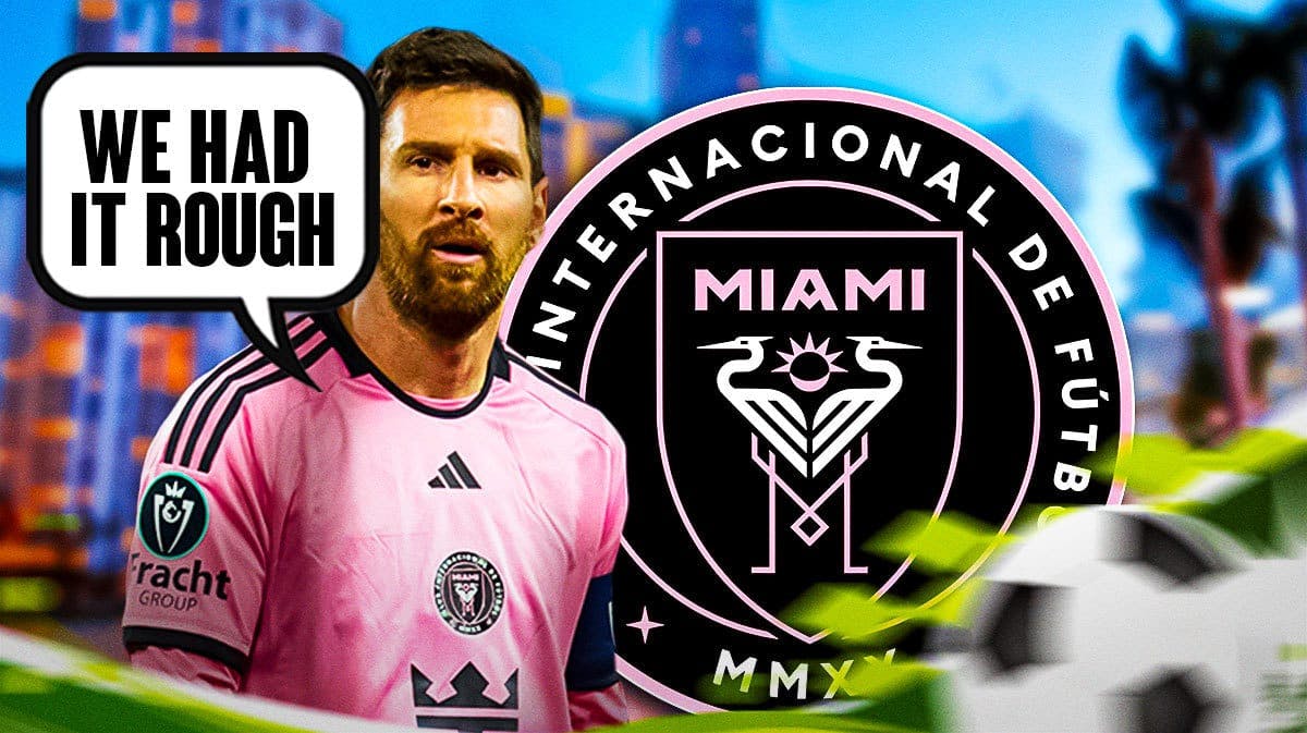 Lionel Messi saying: ‘We had it rough' in front of the Inter Miami logo, Miami in the background