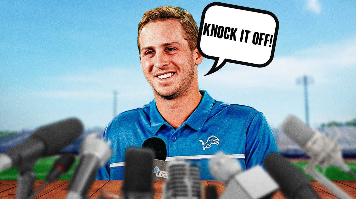 Lions Jared Goff standing at a podium with microphones with speech bubble "Knock it off!"